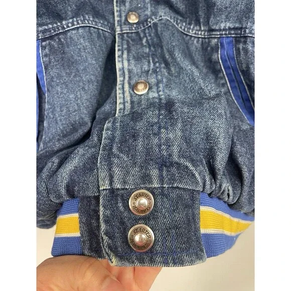 Rare VTG 90s Starter NBA Varsity Golden State Warriors Denim Jean Jacket Quilted - Picture 9 of 14